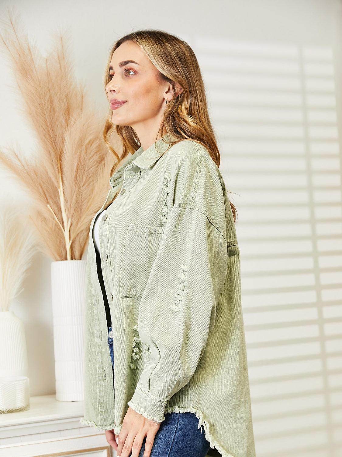 Distressed Raw Hem Denim Jacket for Relaxed Fit Style