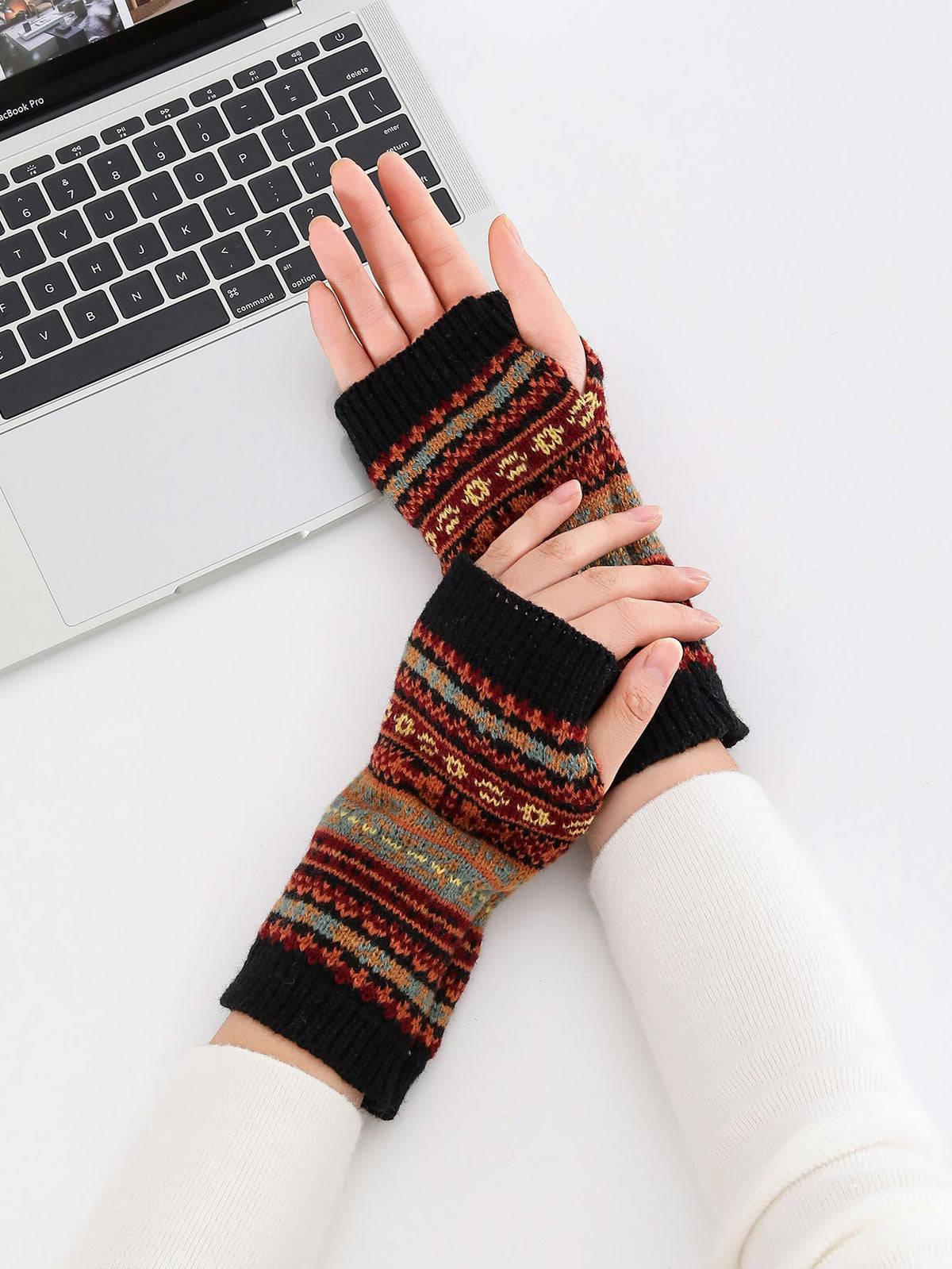 Boho Short Knit Fingerless Thermal Gloves Arm Warmer