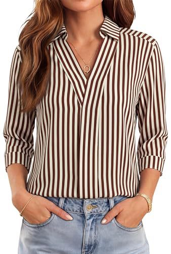 Womens Casual Striped Blouse With Three-quarter Sleeves
