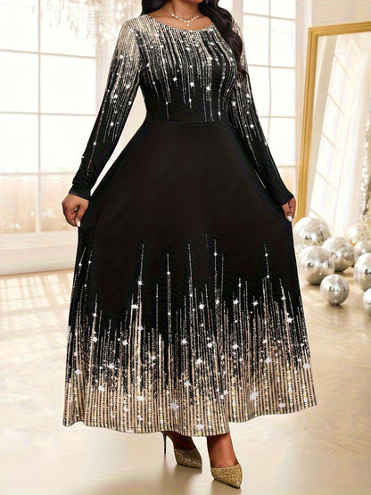 Plus-size Womens Sequined Crew-neck Long-sleeve Dress