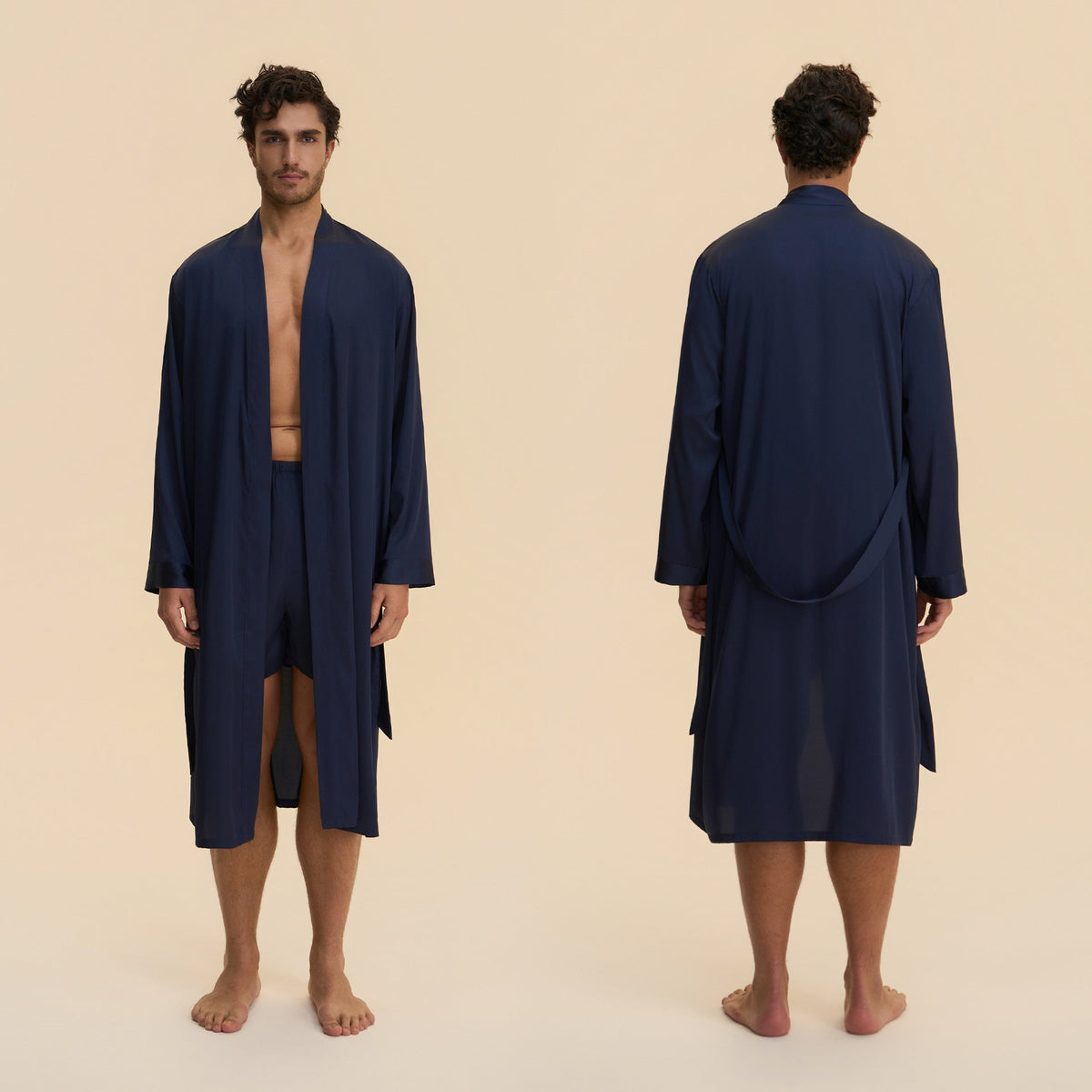 Mens Solid-Color Long Nightgown And Shorts Satin Bathrobe Loungewear Set