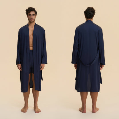 Mens Solid-Color Long Nightgown And Shorts Satin Bathrobe Loungewear Set