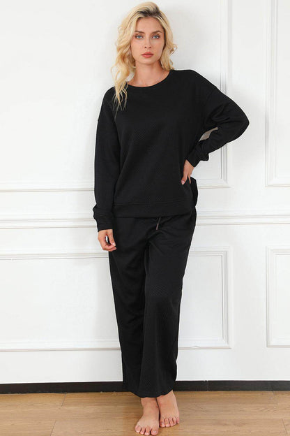 Double Take Full Size Textured Long Sleeve Top and Drawstring Pants Set for Women