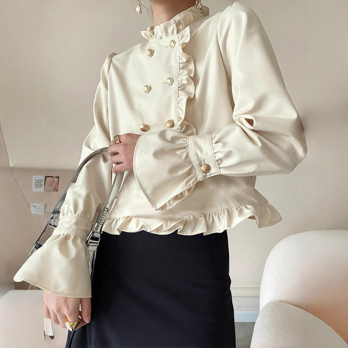 Long-sleeve Double-breasted Loose-fitting Versatile Top With Ruffled Hem
