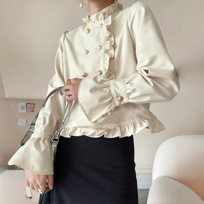 Long-sleeve Double-breasted Loose-fitting Versatile Top With Ruffled Hem