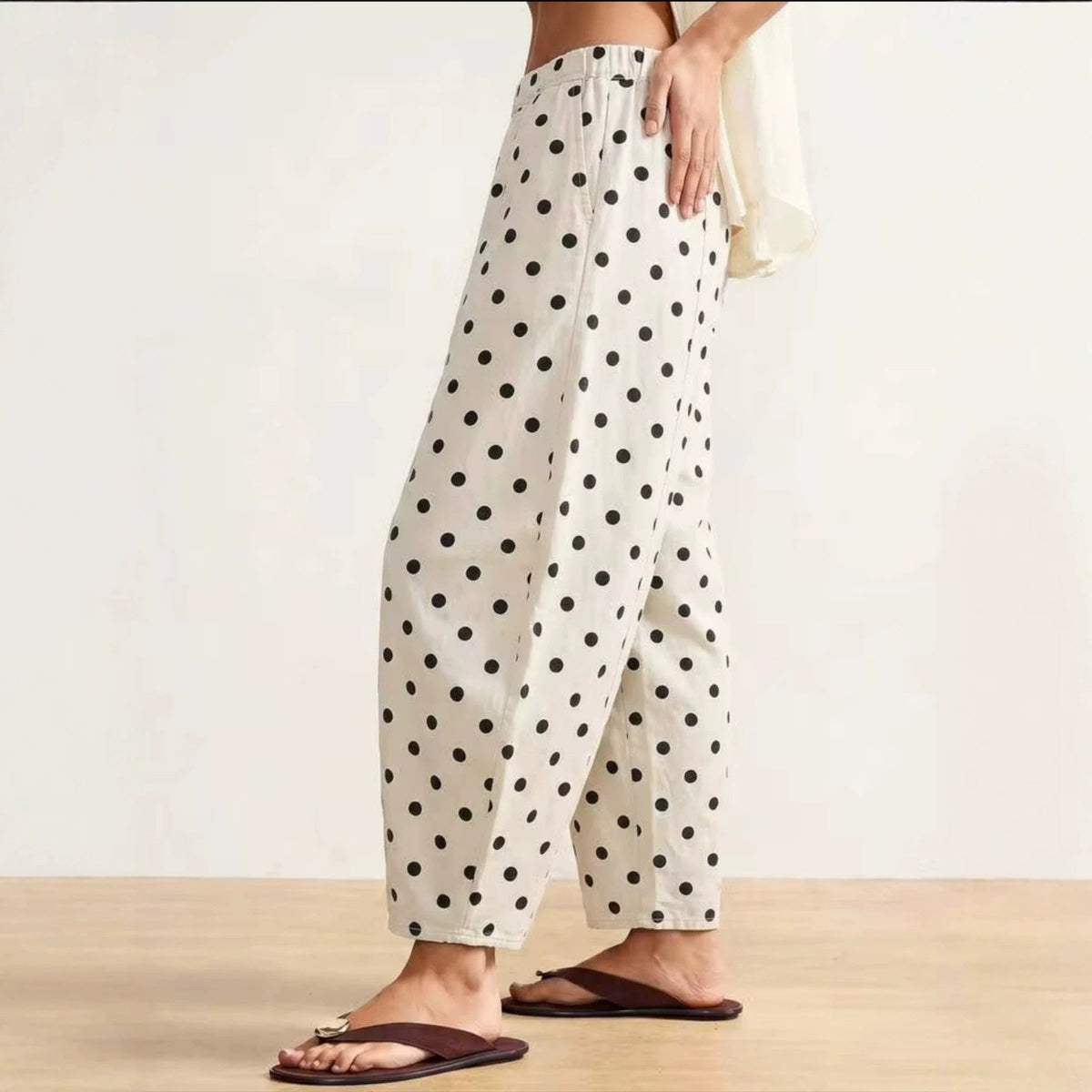 Korean-style Versatile Elastic-waist Wide-leg Pants With Round Polka Dots