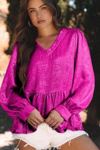 Frill V-Neck Long Sleeve Blouse for Stylish Women