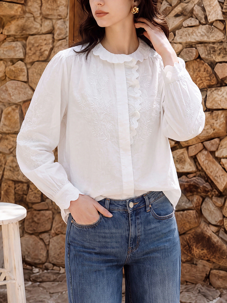Scalloped Floral Embroidery Long Sleeve Cotton Blouse