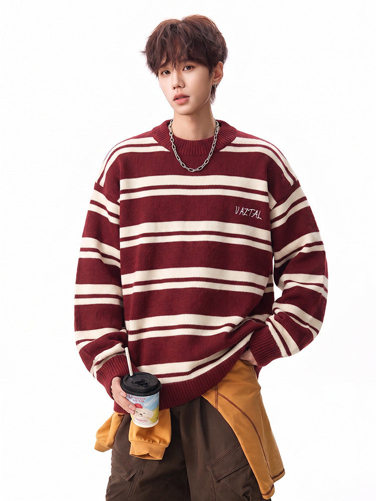 Men's FallWinter Color-Block Crew-Neck Striped Sweater