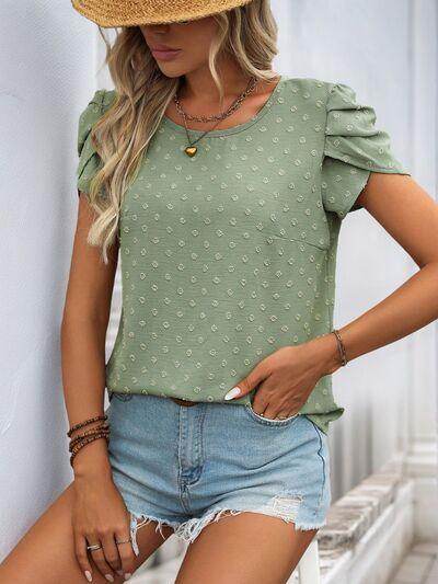 Perfee Swiss Dot Round Neck Petal Sleeve Blouse for Women