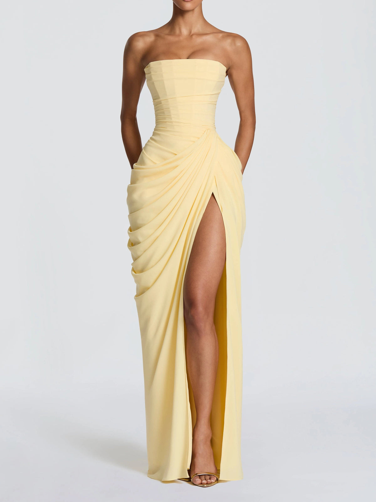 Burgundy Strapless Ruched High-Slit Maxi Gown With Pockets