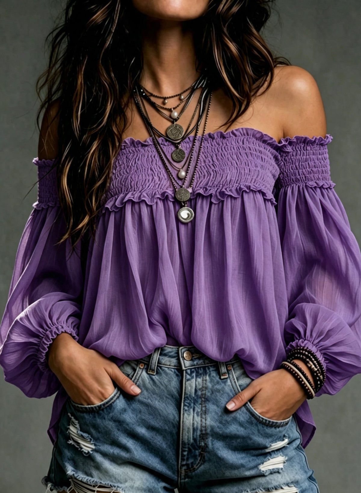 Womens Solid-color Off-shoulder Casual Smocking Top Shirt