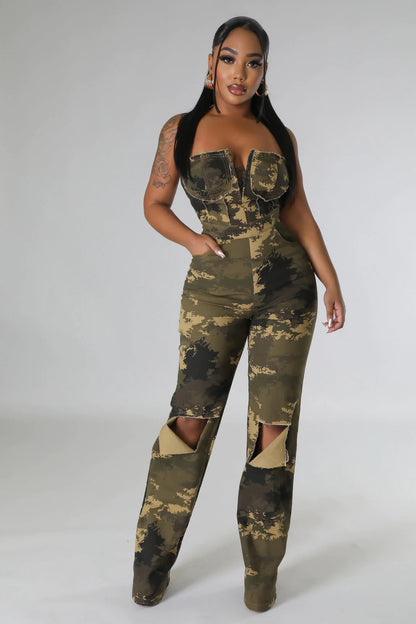 Off-shoulder Camouflage Chic Western-style Womens Jumpsuit