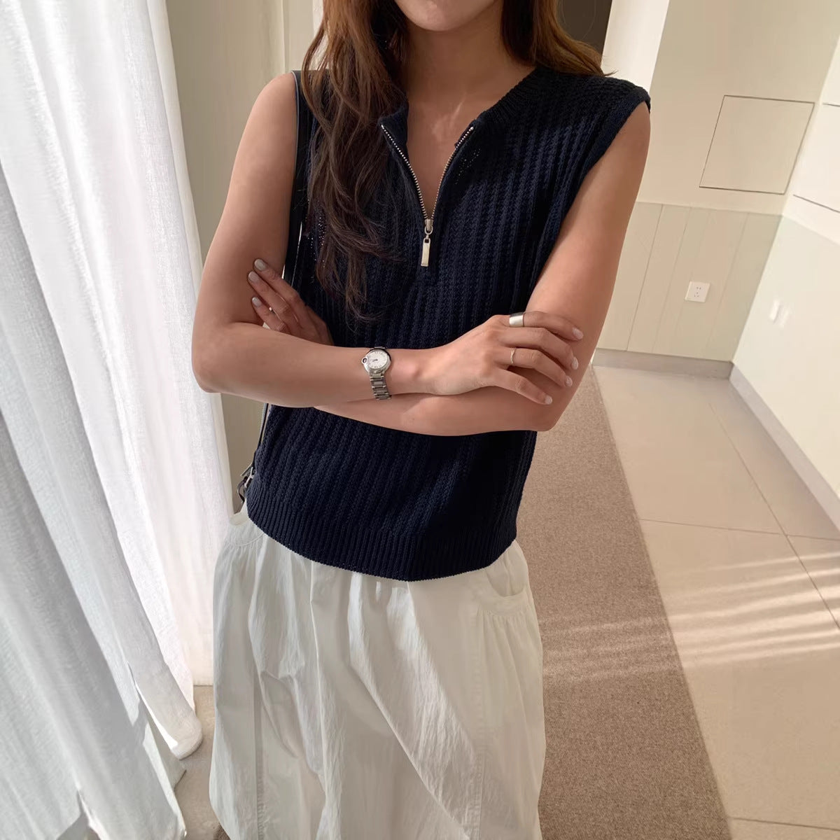 Sleeveless Knitted Outerwear Fashionable Ribbed Vest For Women