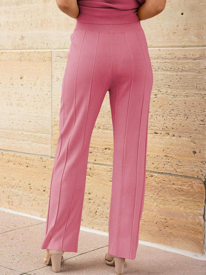 Round Neck Cap Sleeve Top and Pants Knit Set for Women