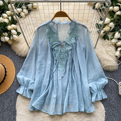Womens Solid-Color Silk-Panel V-Neck Lace-Up Shirt
