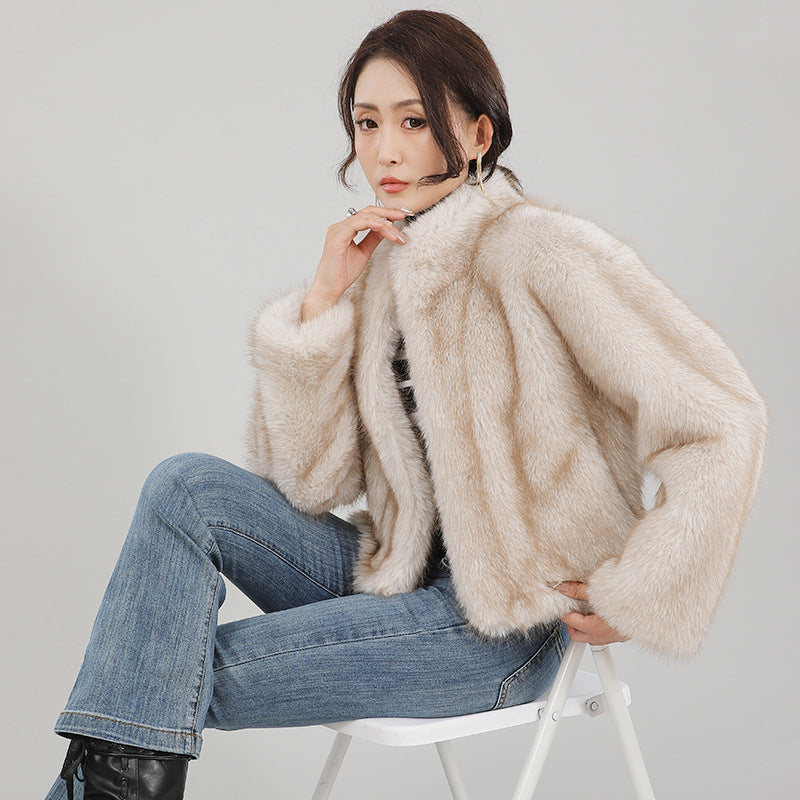 Stand-collar Cardigan Plush Fur Coat For Women
