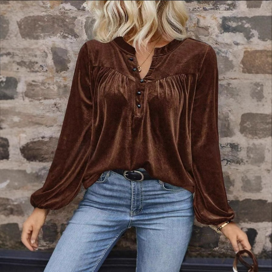 Elegant Long Sleeve Top For Spring & Fall  Women's Casual Chic Solid Color Pullover V-Neck Button