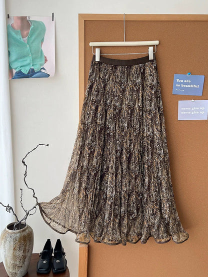 Retro-relaxed Mesh Paisley Pleated Midi Skirt