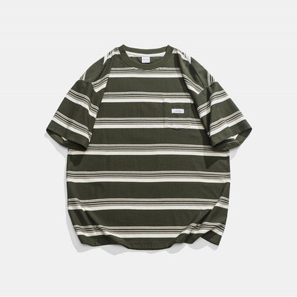 Casual Loose Striped Pocket Round Neck T-shirt