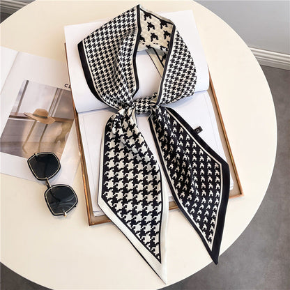 Thin Houndstooth Silk Scarf - Hair Tie