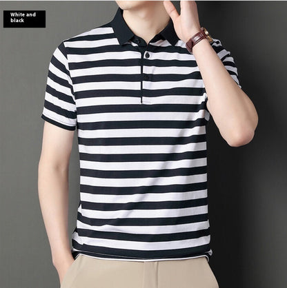 Summer Men's Cotton Ice Silk Striped Polo T-shirt