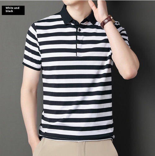 Summer Men's Cotton Ice Silk Striped Polo T-shirt