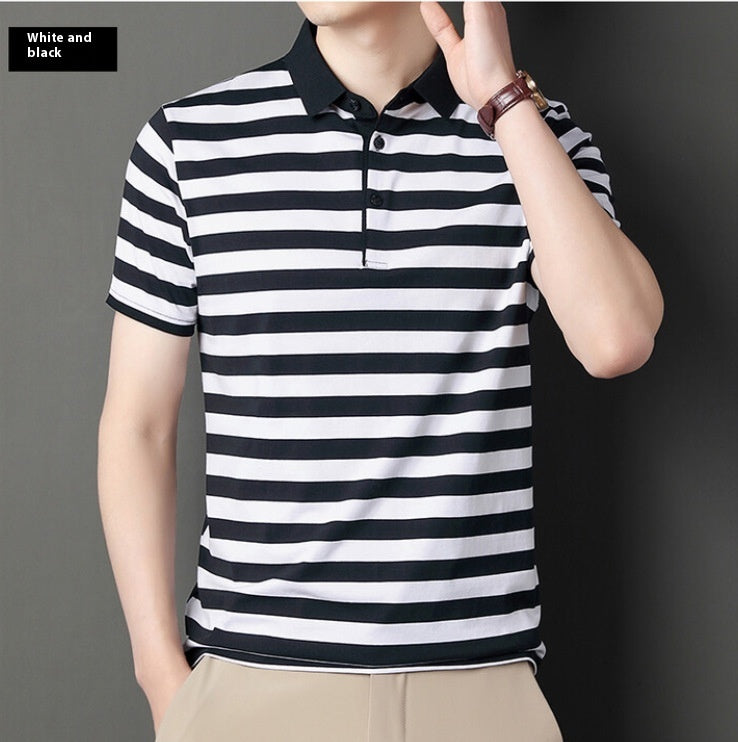 Summer Men's Cotton Ice Silk Striped Polo T-shirt