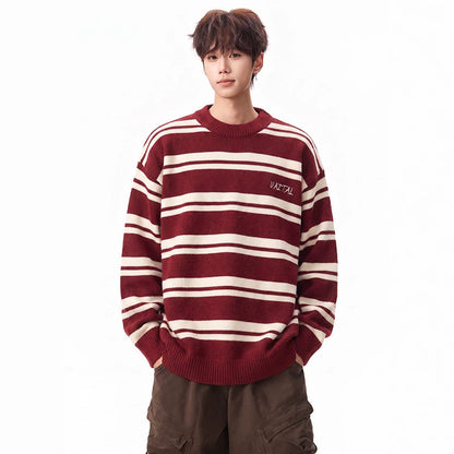Men's FallWinter Color-Block Crew-Neck Striped Sweater