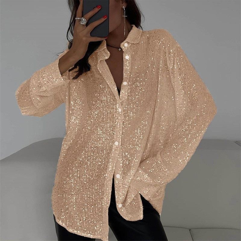 Spring Summer New European And American Sequin Top With Turn-down Collar, Long Sleeve Cardigan, Basic Cross-border Women's Shirt Jacket
