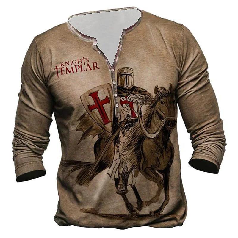 Open Placket Button Digital Print Long Sleeve T-shirt