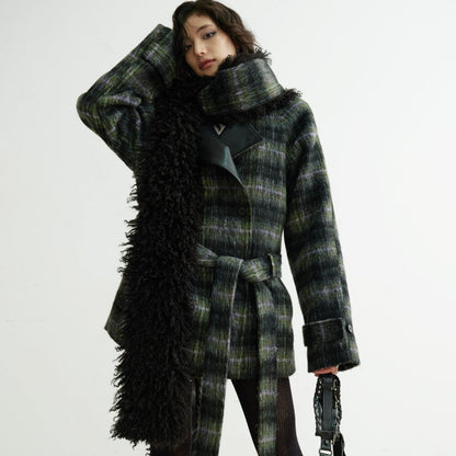 Extra-long Fluffy Scarf-style Plaid Mixed-color Wool Coat