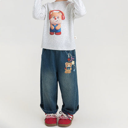 Cute Bear-Print Wide-Leg Stretch-Waist Casual Denim Pants For Kids
