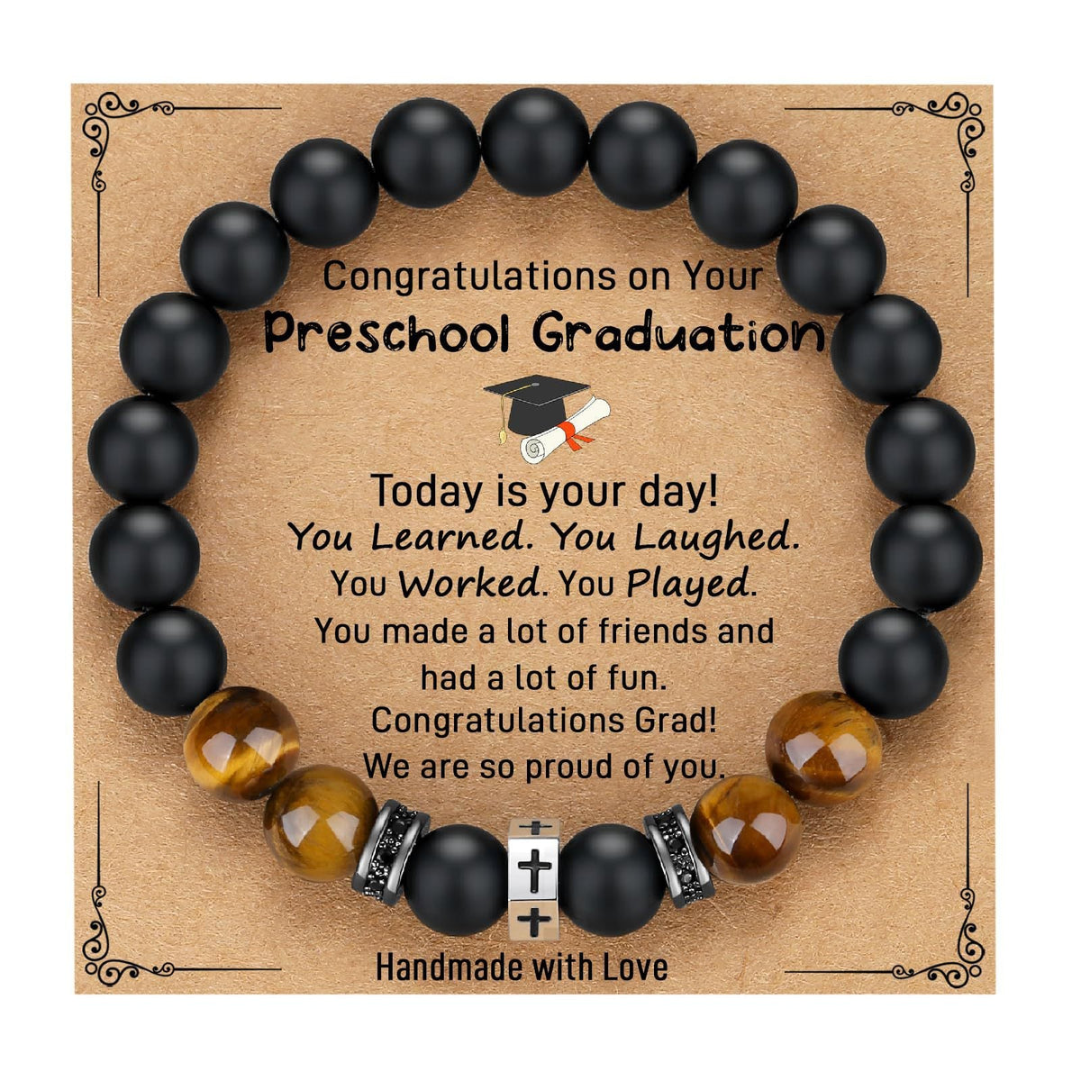 Tigers Eye Stone And Stainless Steel Cross Beaded Bracelet