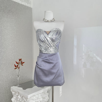 Lustrous Silver Shimmer Sexy Strapless Women's Paneled Lavender Satin Ball Bridesmaid Ceremony Bodycon Dress
