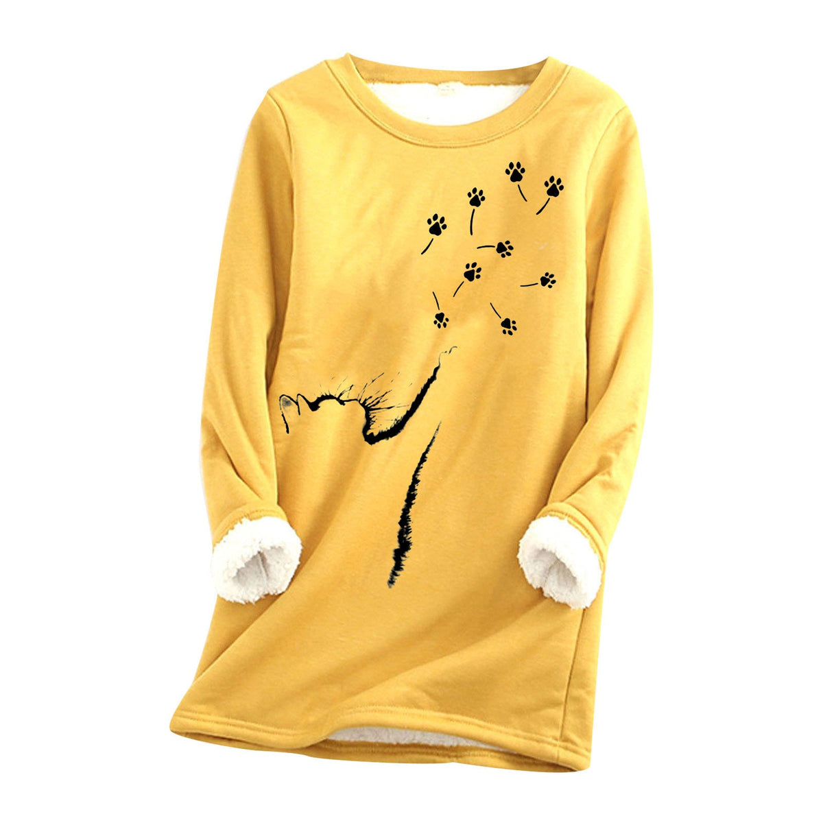 Womens Cat-Paw Print Fluffy Crew-Neck Sweatshirt