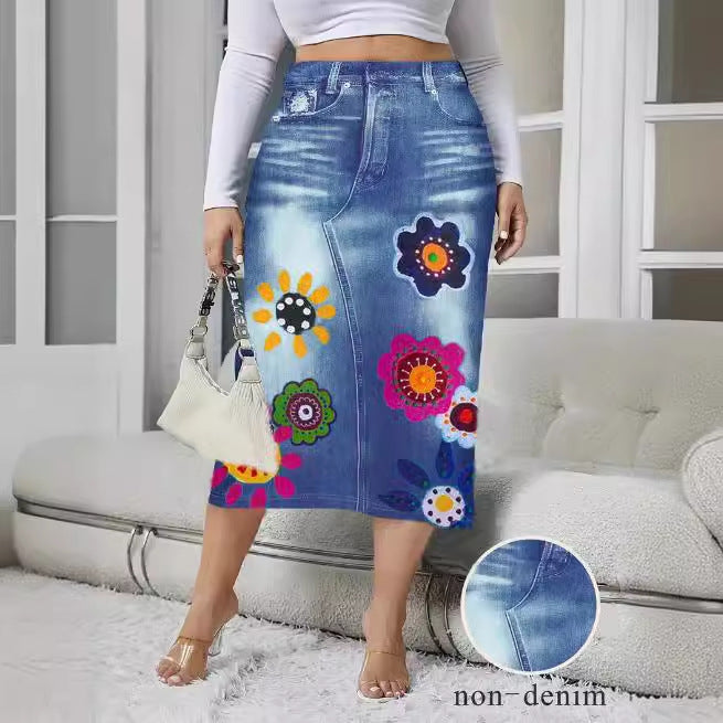 Denim-look Floral-print Bodycon Skirt
