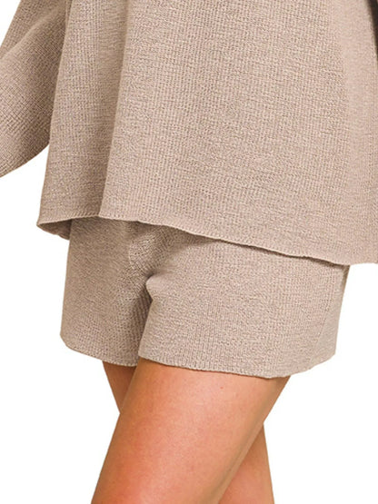 Zenana Round Neck Knit Top and Shorts Sweater Set