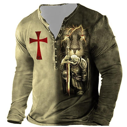 Open Placket Button Digital Print Long Sleeve T-shirt
