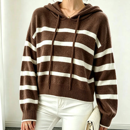 Womens Striped Knitted Hooded Pullover Sweater