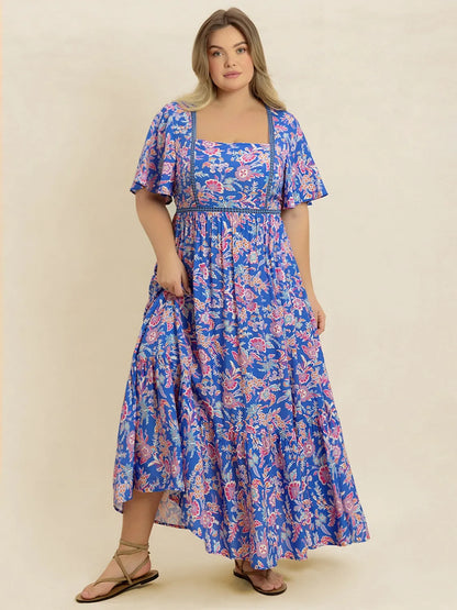 Plus Size Ruched Printed Short Sleeve Dress