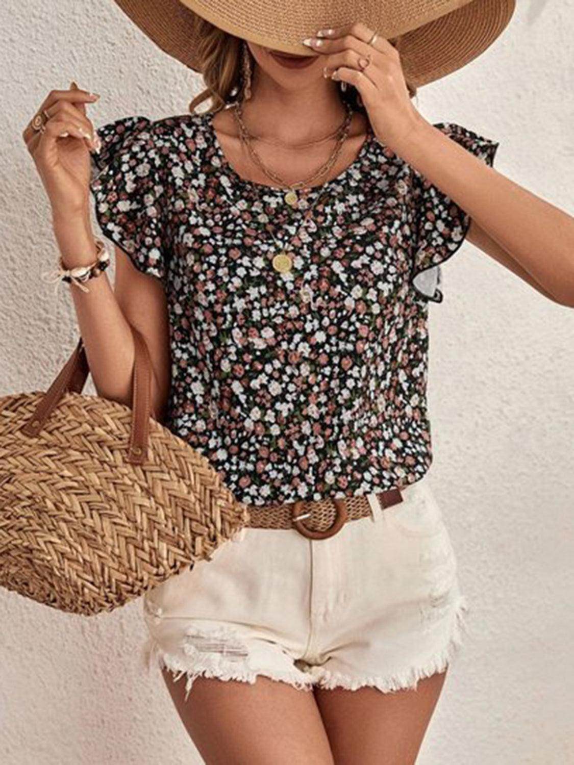 Ditsy Floral Round Neck Cap Sleeve Top for Women