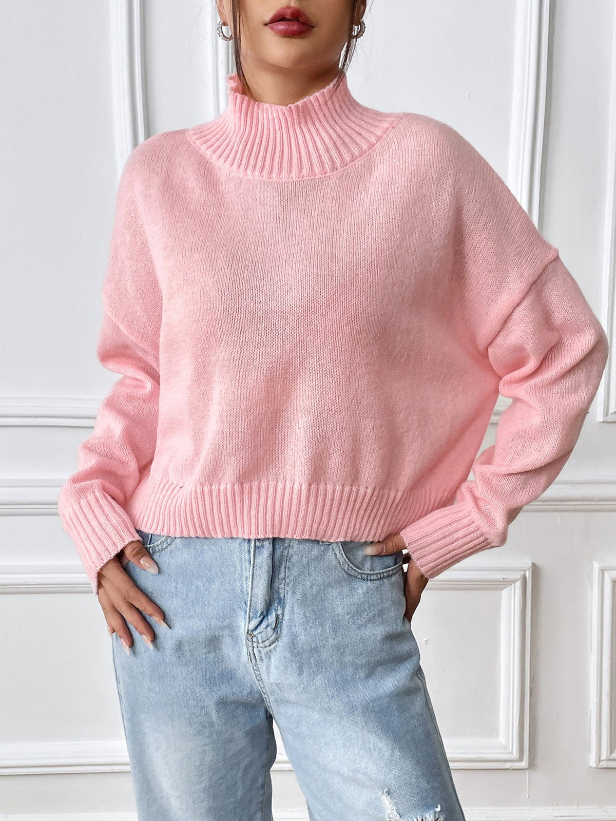 Women's Solid-color Loose-fitting High-neck Pullover Sweater