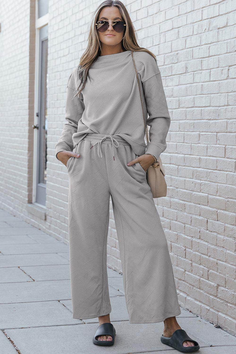 Double Take Full Size Textured Long Sleeve Top and Drawstring Pants Set for Women