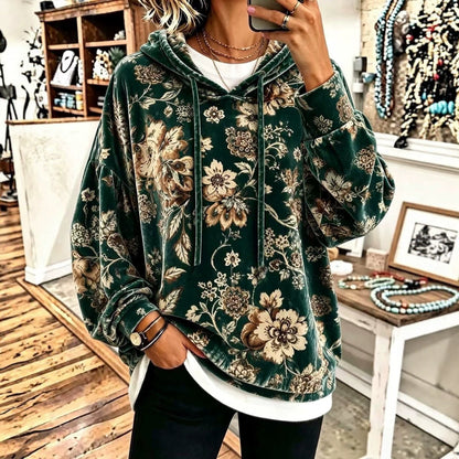 Women's Velvet Hooded Floral Sweatshirt Loose-fitting Long-sleeve Top