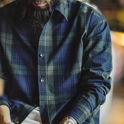 Retro Blue-green Plaid Shirt For Men