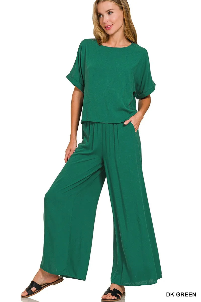 Zenana Round Neck T-Shirt and Wide Leg Pants Set