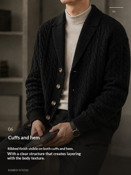 Men's Suit-collar Cable-knit Cardigan