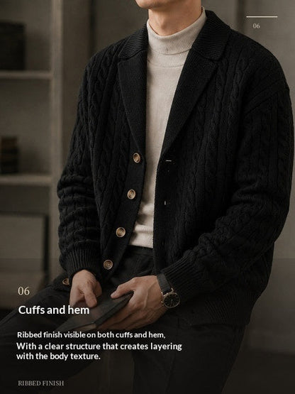 Men's Suit-collar Cable-knit Cardigan