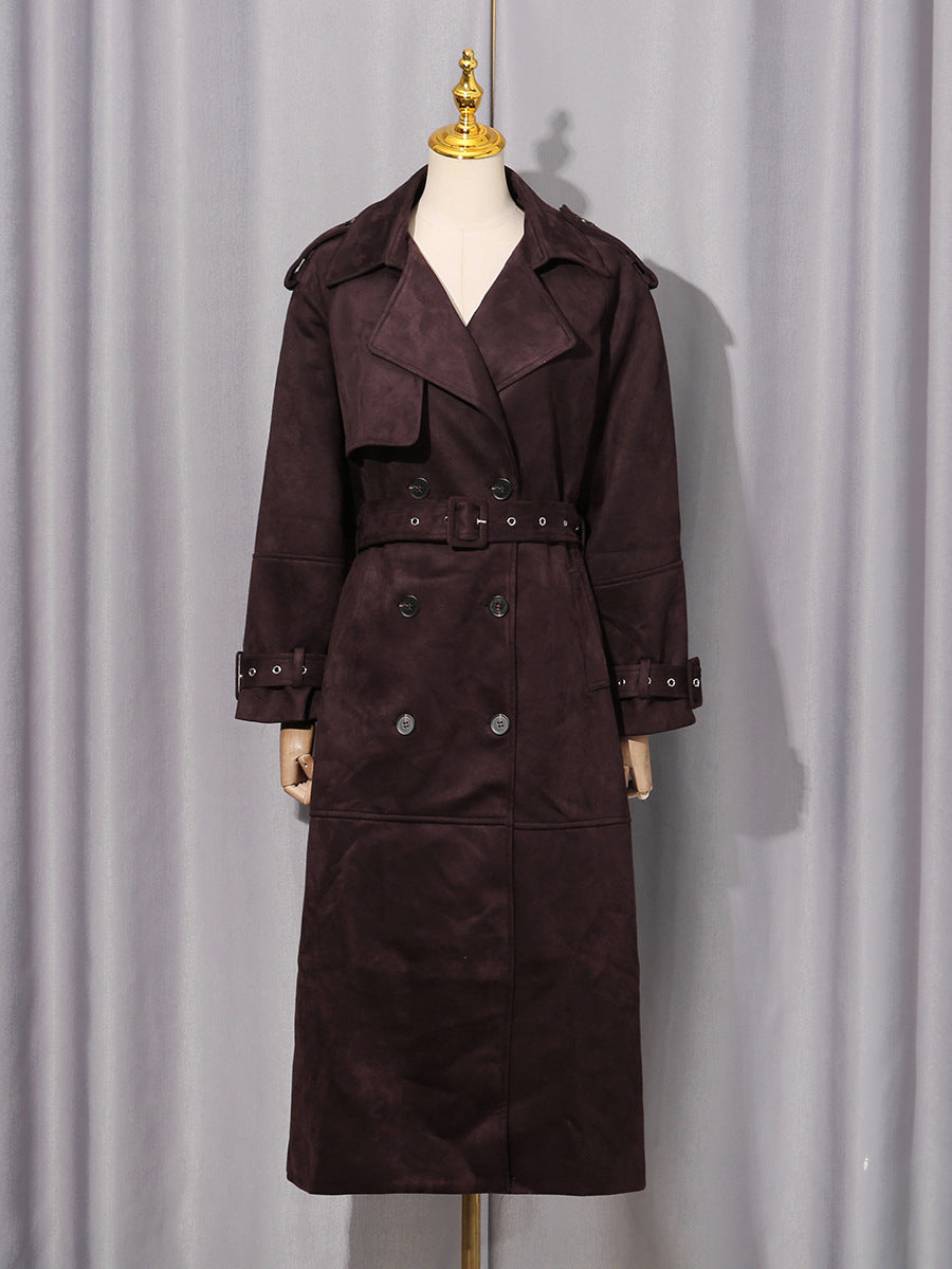 Double-Breasted Suede Long Trench Coat With Belt